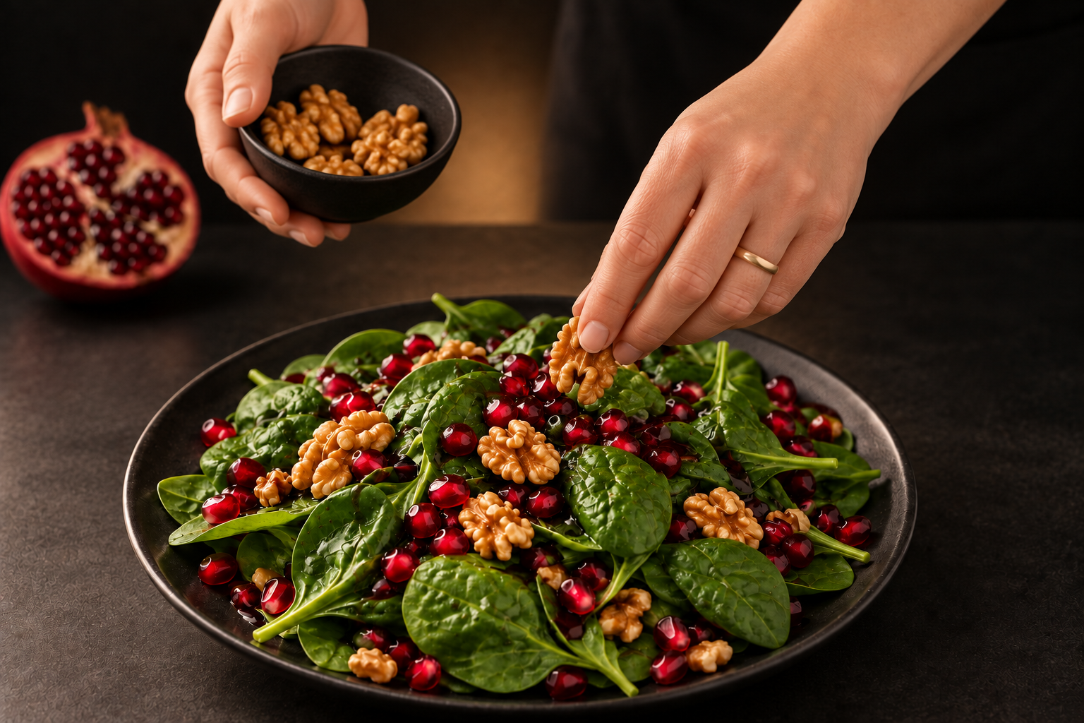 Hands adding large walnut pieces to a spinach and pomegranate salad on a dark plate.