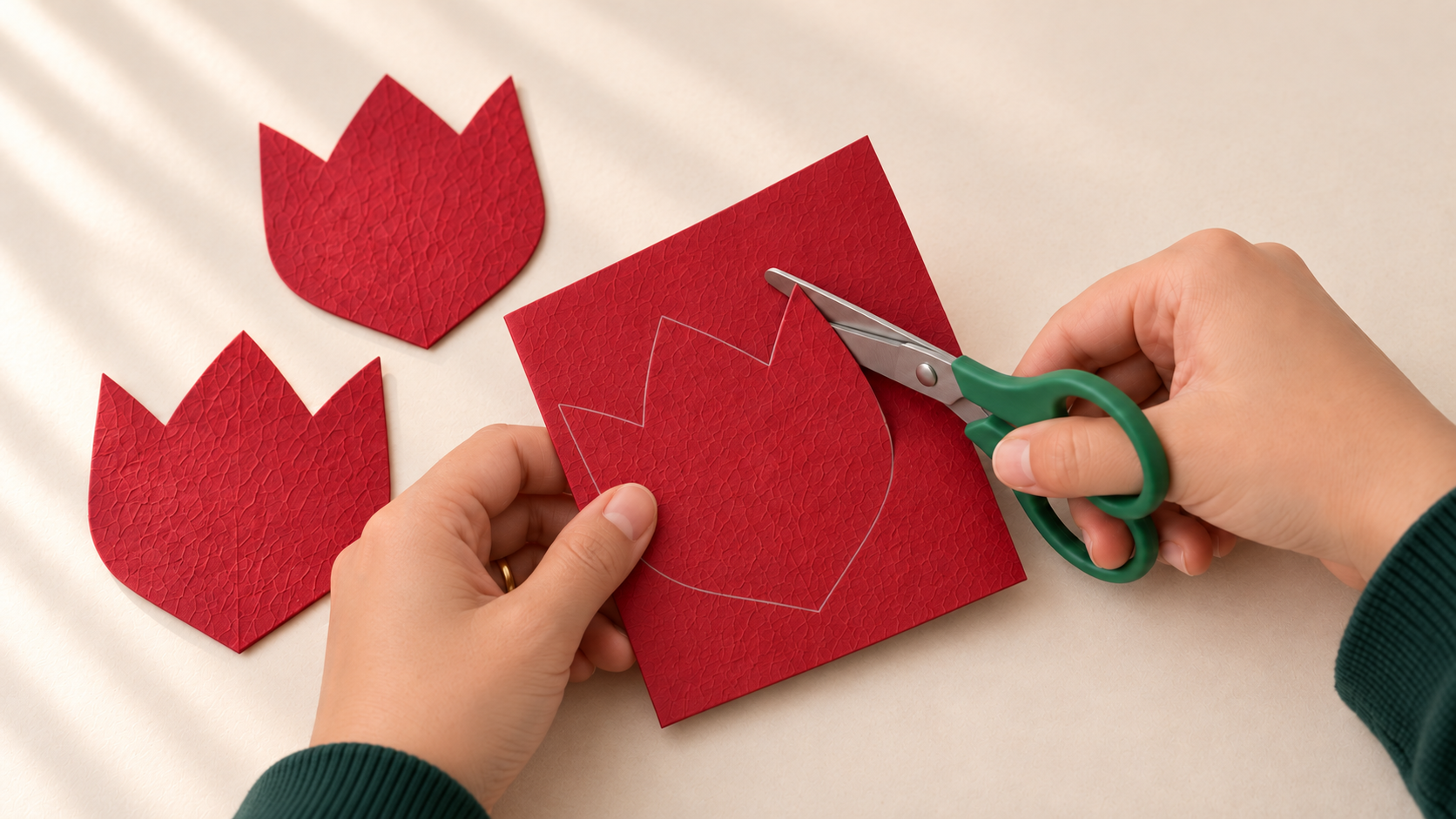 Vida’s hands cutting ruby-red paper shapes to make three-dimensional tulip flowers.