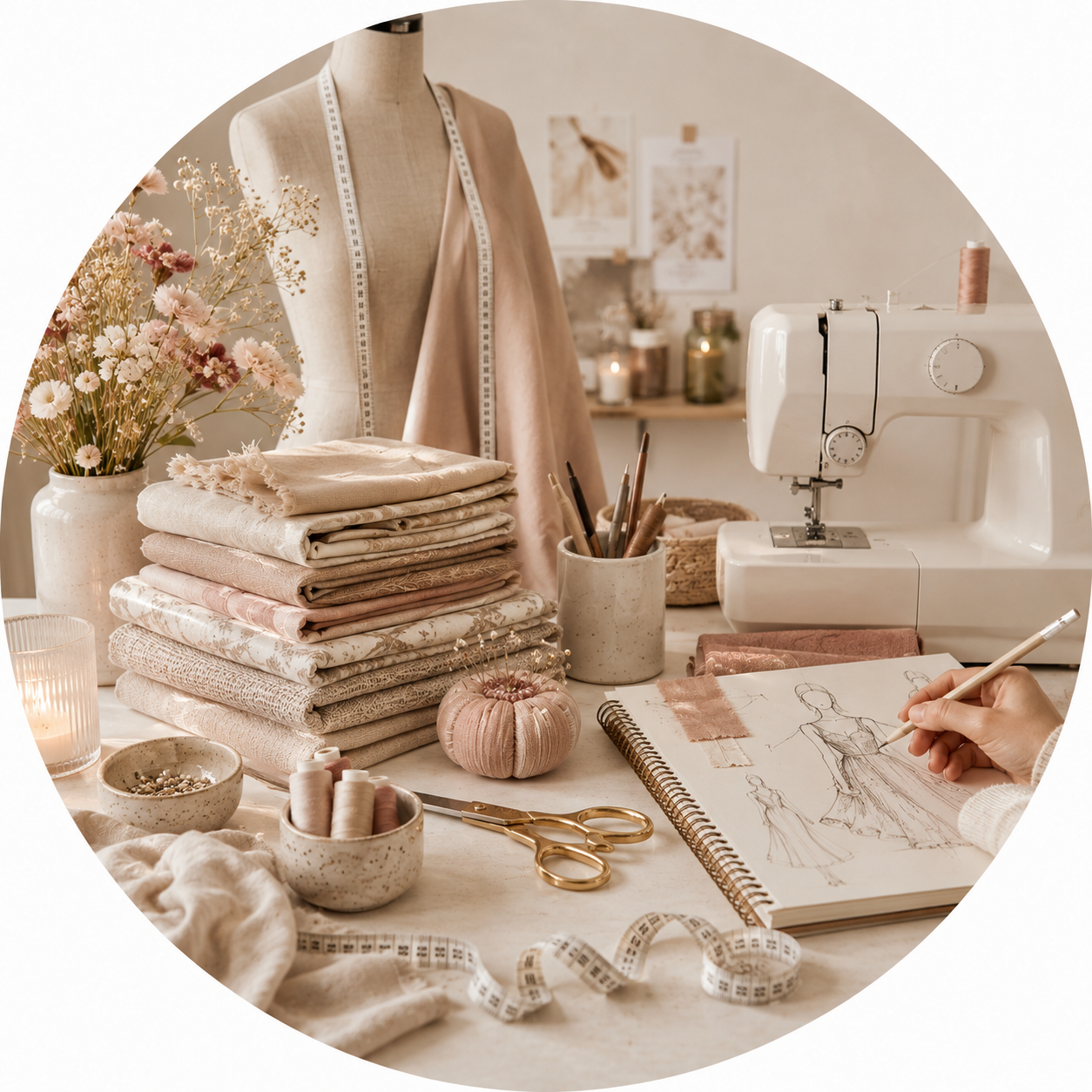 Fabric swatches, a sewing machine, and fashion sketches arranged in a warm creative studio.