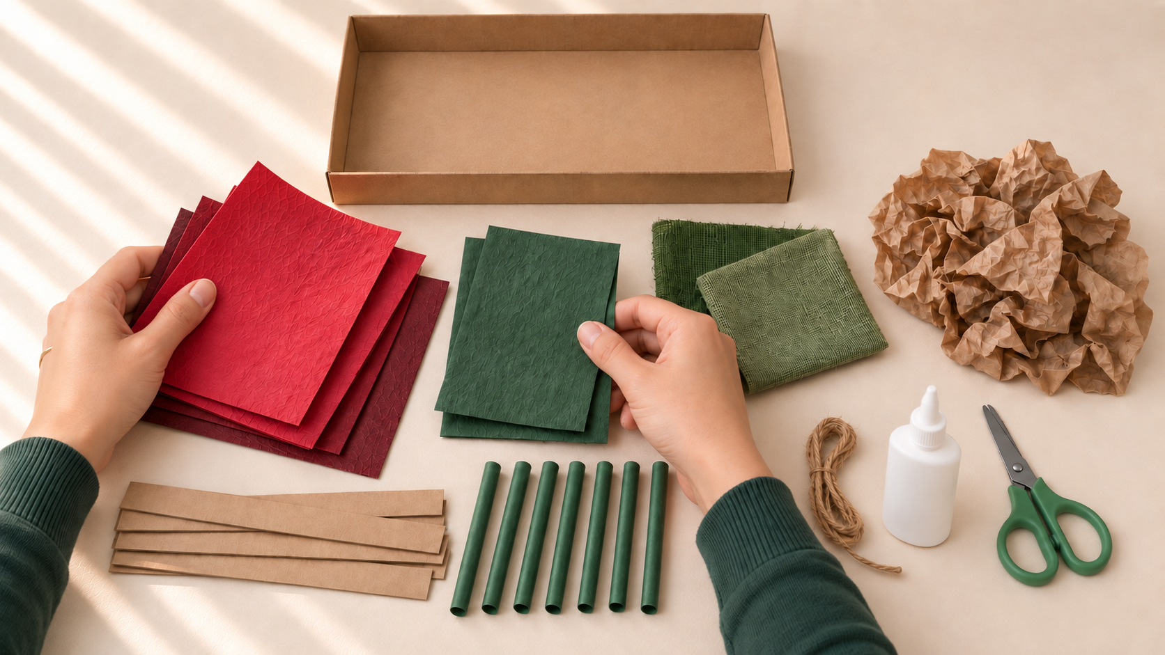 Recycled cardboard, coloured paper, green fabric, paper stems, string, glue, and child-safe scissors arranged for a tulip garden craft.