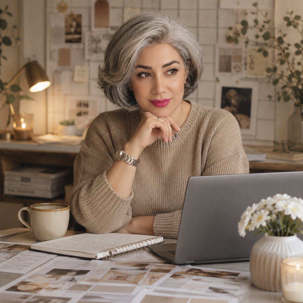 Vida comparing products and prices on a laptop in a warm home workspace.
