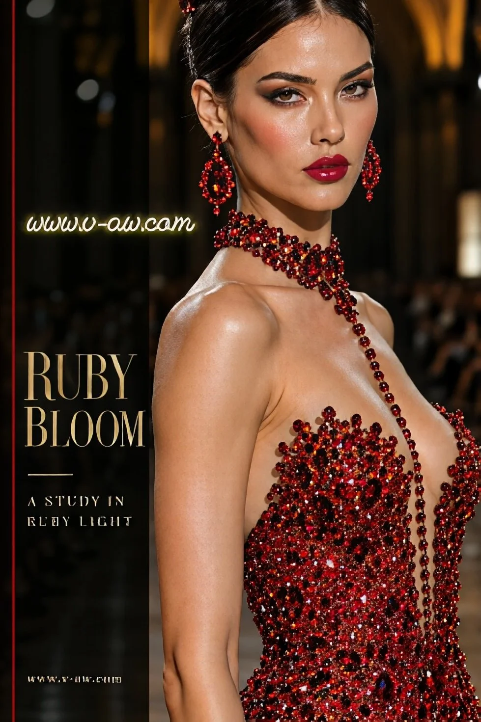 Front view of a model wearing a ruby-red crystal evening dress with cascading beadwork and matching crystal boots on a runway.