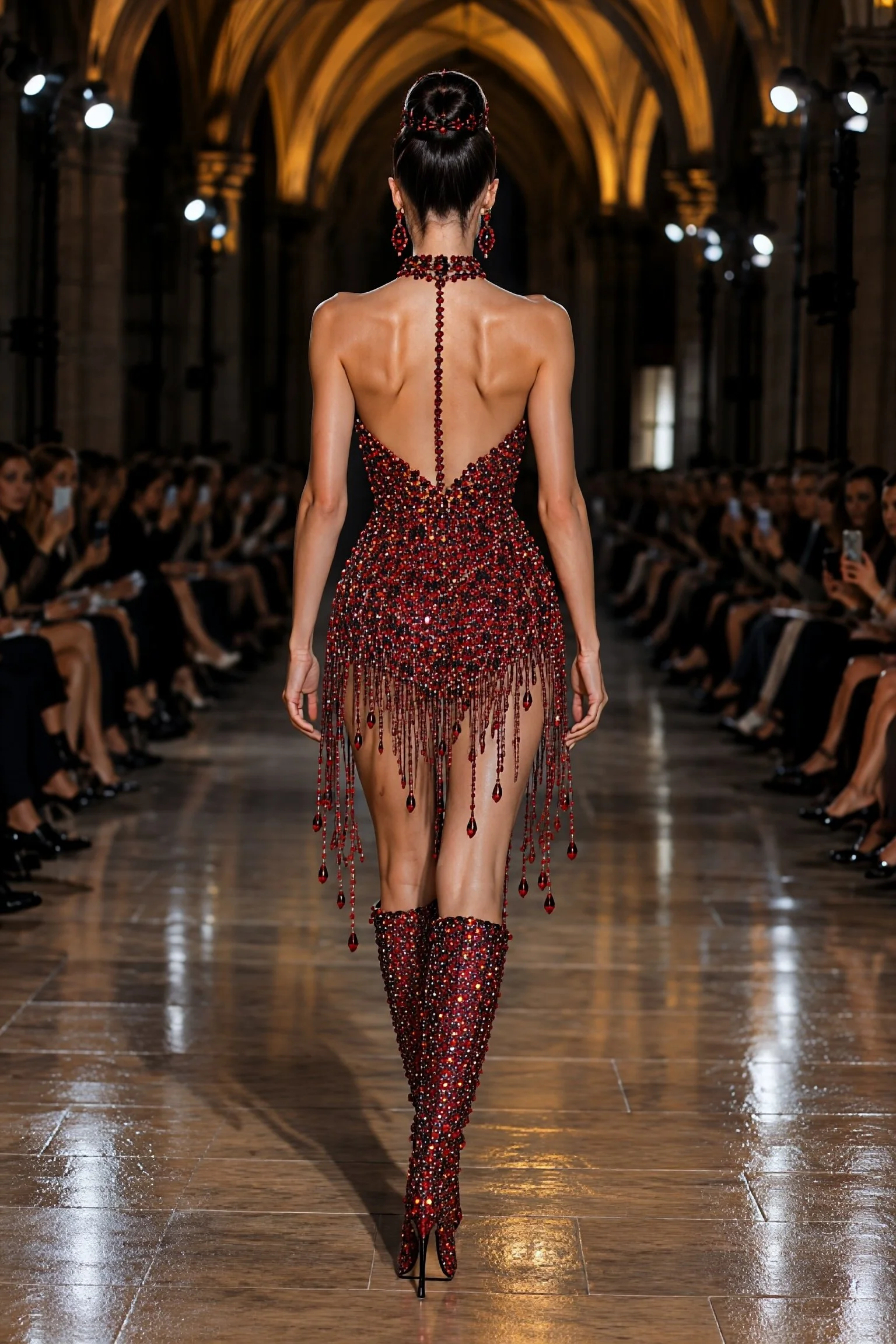 Back view of a ruby-red crystal evening dress with an open back, central jewel detail, cascading beadwork, and matching boots.
