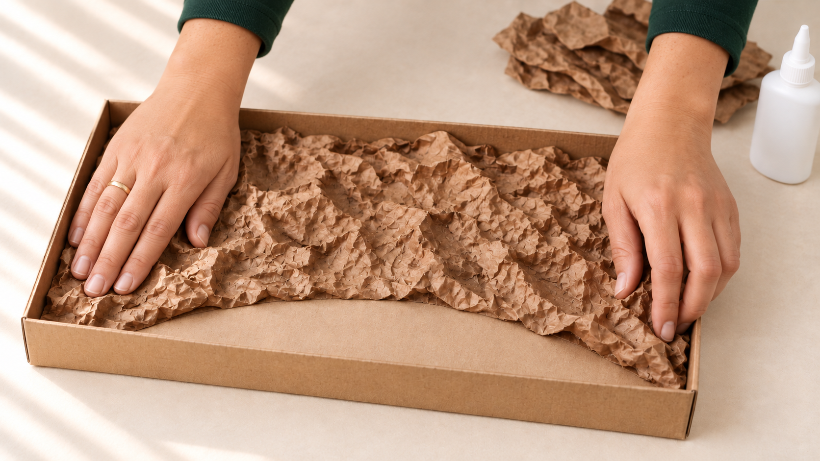 Vida’s hands covering a rectangular recycled cardboard base with textured brown paper to create the garden soil.