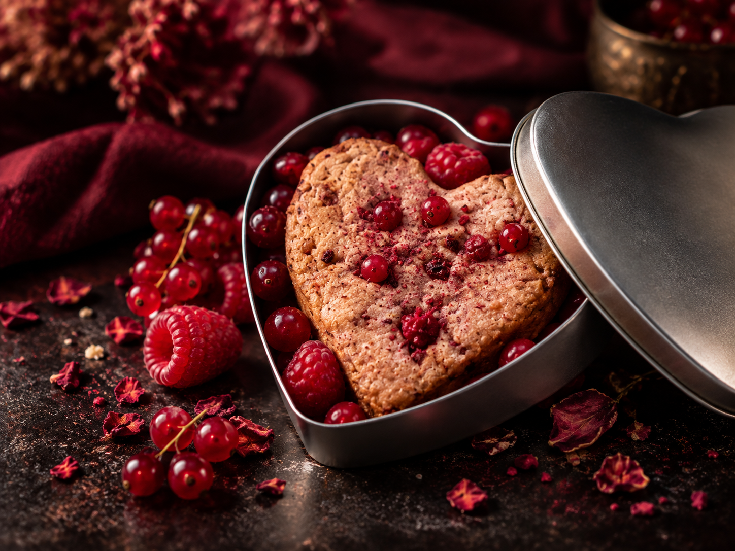 Heart-shaped berry cookie in an open silver tin with raspberries and red currants on a dark burgundy background.