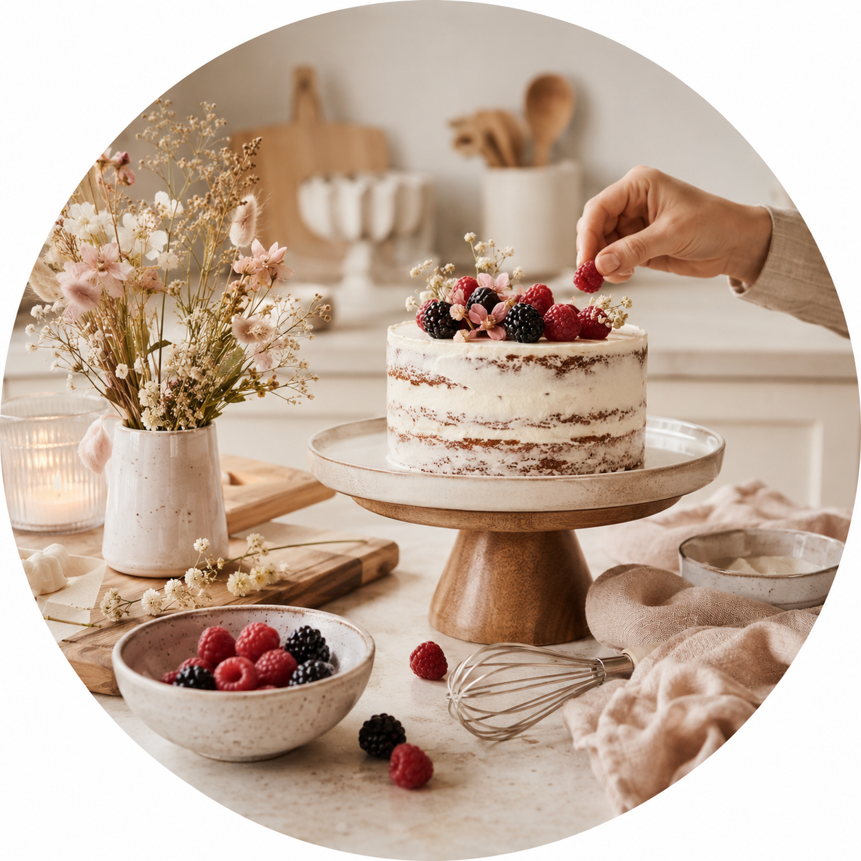 A hand decorating a berry-topped layer cake in a warm, elegant kitchen.