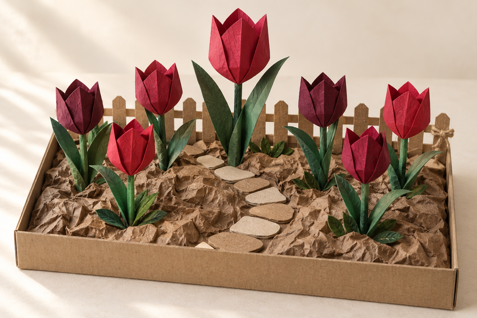 lose-up of the central ruby-red 3D tulip surrounded by dark-green leaves, a curved path, and a small cardboard fence.