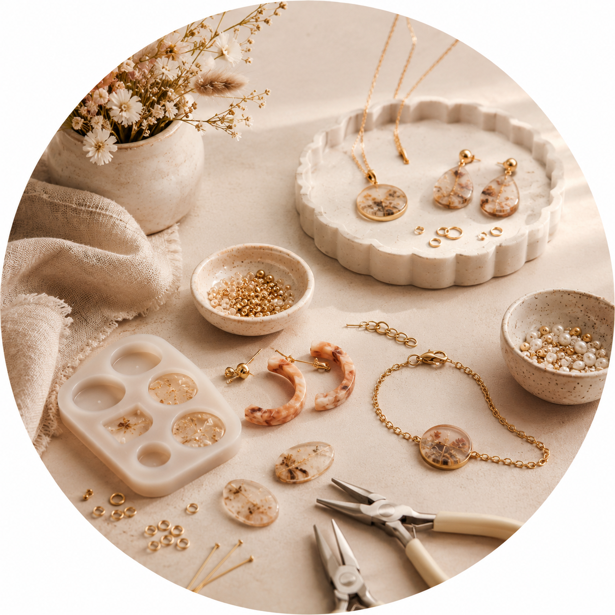Jewelry-making tools, resin molds, beads, and handmade accessories arranged on a warm neutral workspace.
