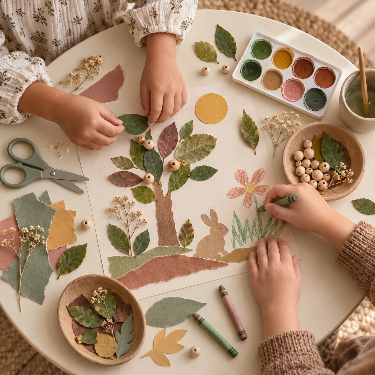 Children’s hands creating a nature-inspired craft with paper, crayons, leaves, and wooden materials at a warm activity table.
