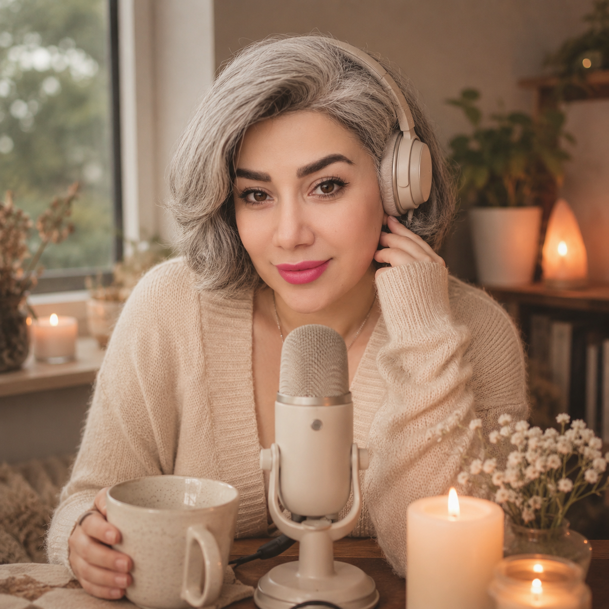 Vida wearing headphones and recording at a microphone in a warm home studio.