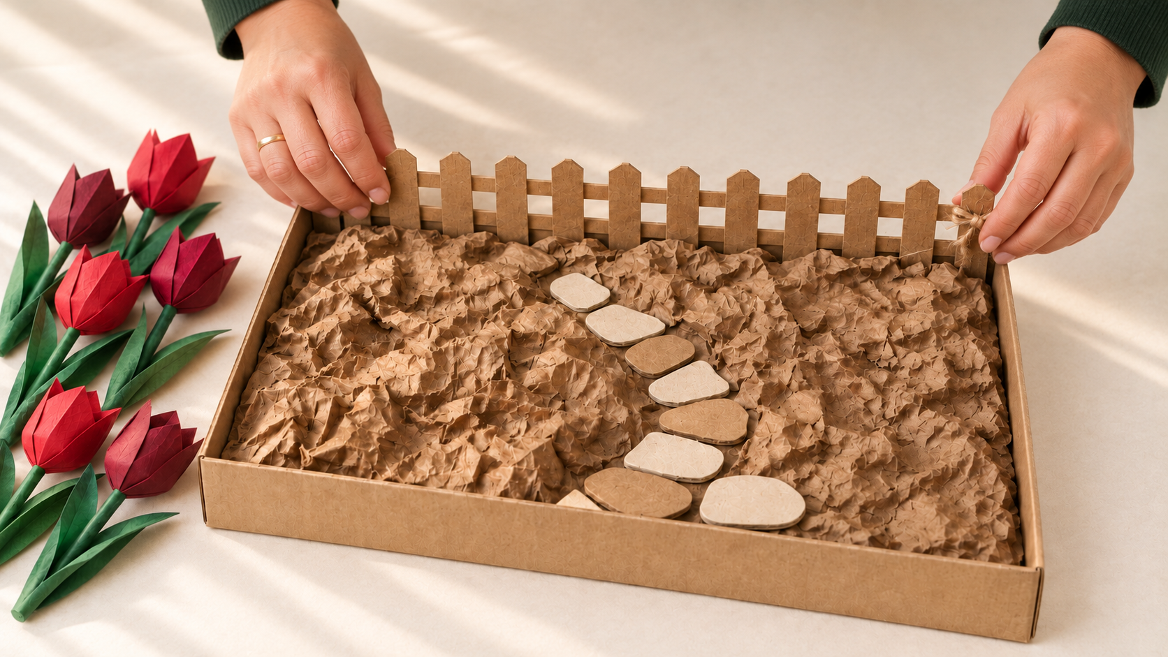 Cream cardboard stepping stones and a small recycled cardboard fence being added to the miniature tulip garden.