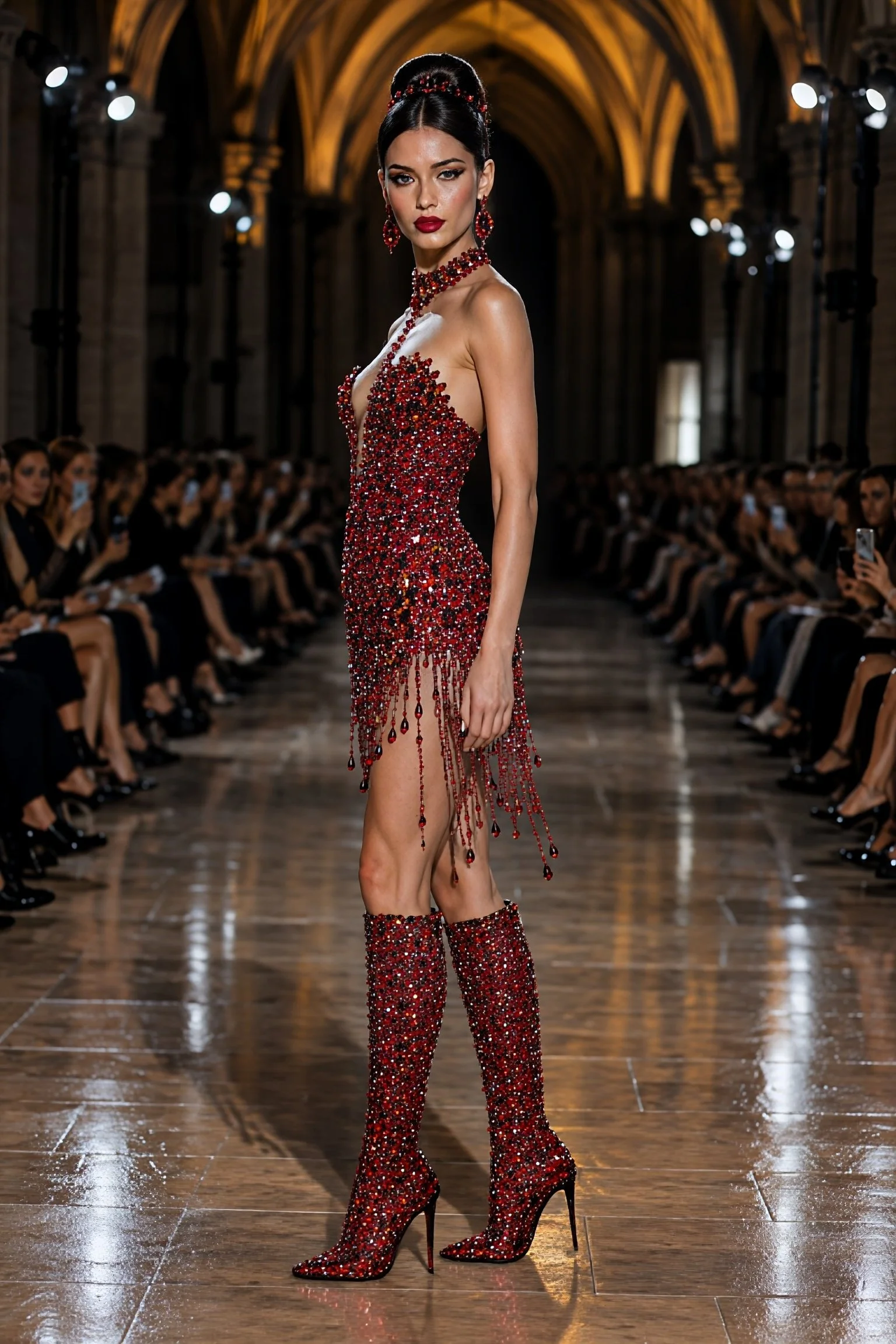 Side view of a ruby-red crystal evening dress with a fitted silhouette, cascading crystal fringe, and matching knee-high boots.
