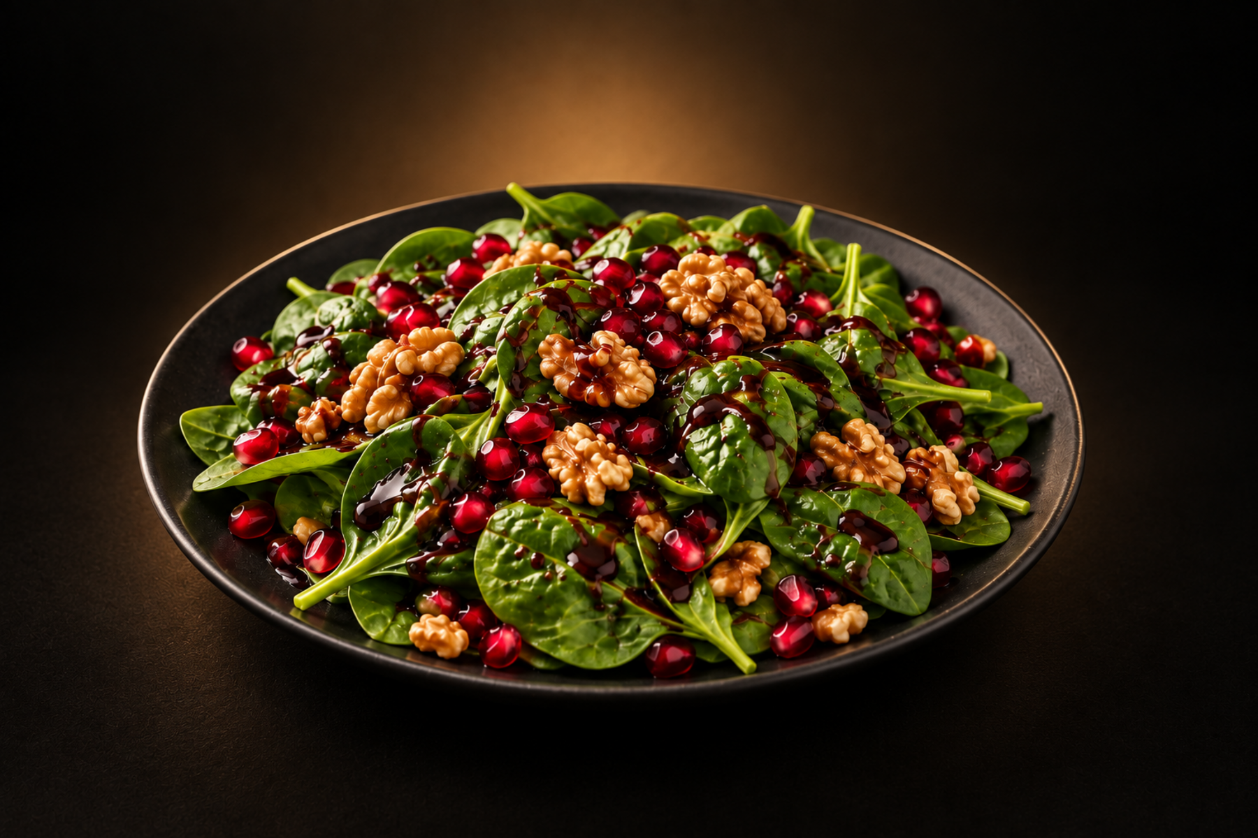 Baby spinach salad with ruby pomegranate arils, walnut halves, and pomegranate dressing served on a dark plate.