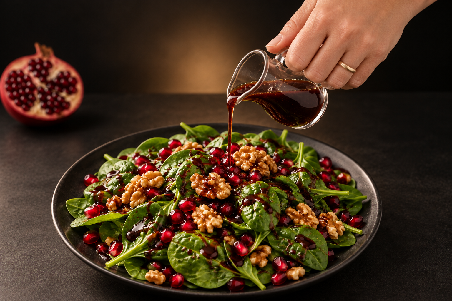 A hand pouring dark pomegranate dressing over spinach, pomegranate arils, and walnuts on a dark plate.