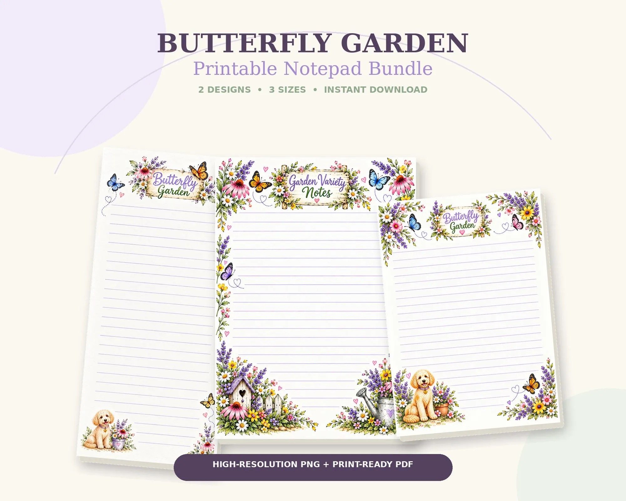Butterfly Garden printable notepad bundle — digital download in three sizes, PNG and PDF