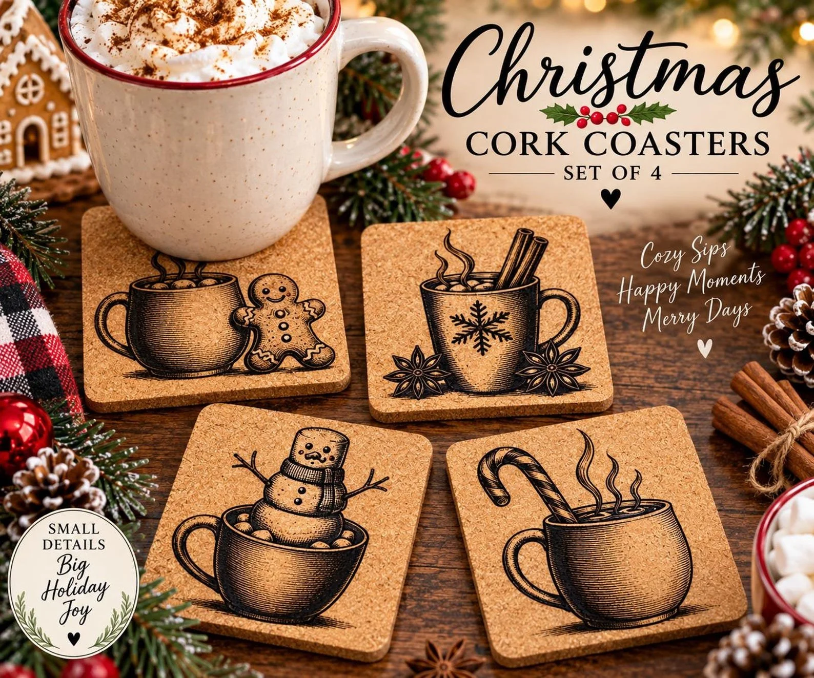 Christmas Cork Coasters — Physical