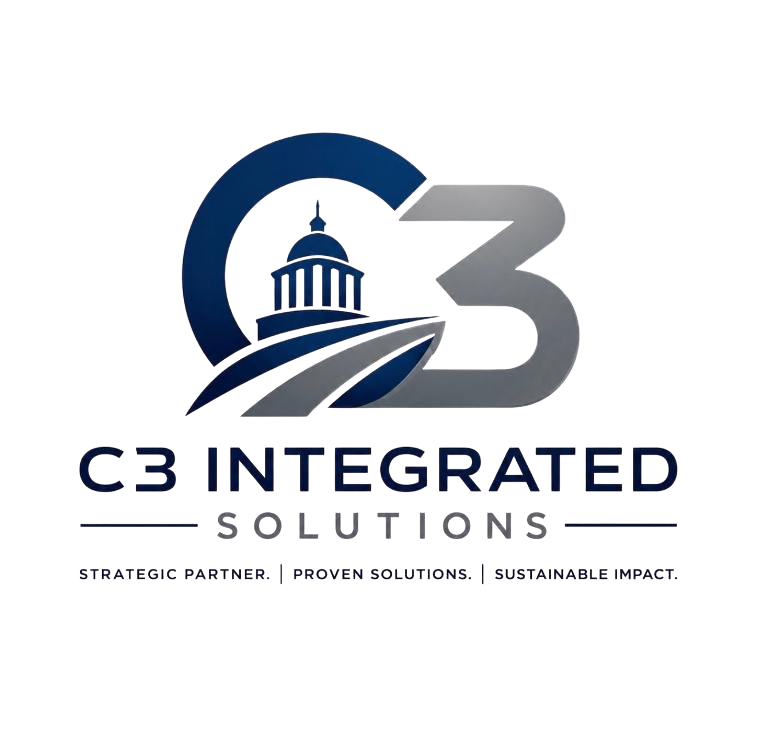 Logo for C3 Integrated Solutions with a stylized number 3 and a dome building, and the words 'Strategic Partner | Proven Solutions | Sustainable Impact'.