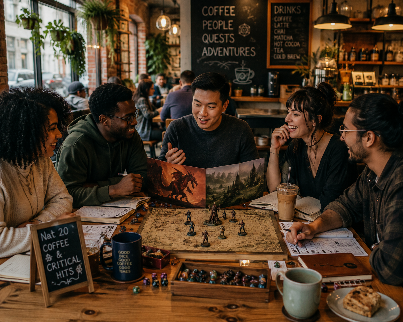 A group of five friends playing a tabletop role-playing game in a cozy coffee shop, with a game board, miniatures, dice, notebooks, and drinks on the table. They are smiling and engaged in the game.