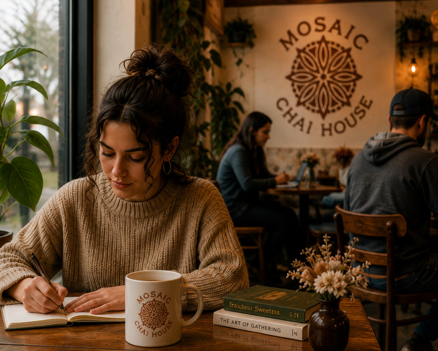 A young woman with dark hair in a bun, wearing a beige sweater, writes in a notebook at a wooden table in a cozy cafe. On the table are a white mug with the