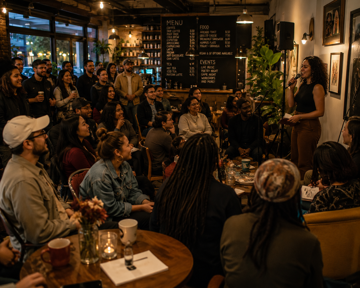 A woman with curly hair wearing a black sleeveless top and brown pants speaking into a microphone to an audience seated at tables in a cozy cafe or restaurant with indoor plants and a menu board.