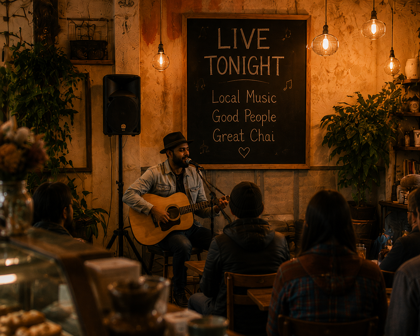 Musician playing guitar and singing into a microphone during a live performance at a cozy cafe. A chalkboard behind him reads, 'LIVE TONIGHT, Local Music, Good People, Great Chai.' Audience members are seated, attentively watching the performance. Warm lighting and potted plants decorate the space.