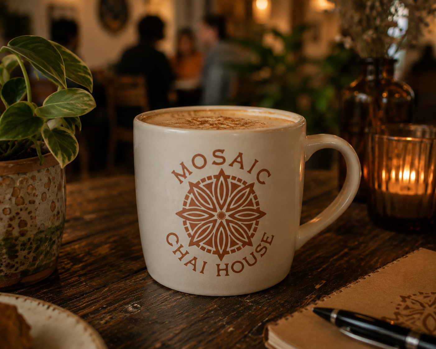 Mug with MOSAIC CHAI HOUSE logo on a wooden table, accompanied by a potted plant, a notebook with a pen, and a candle holder, in a cozy cafe setting.