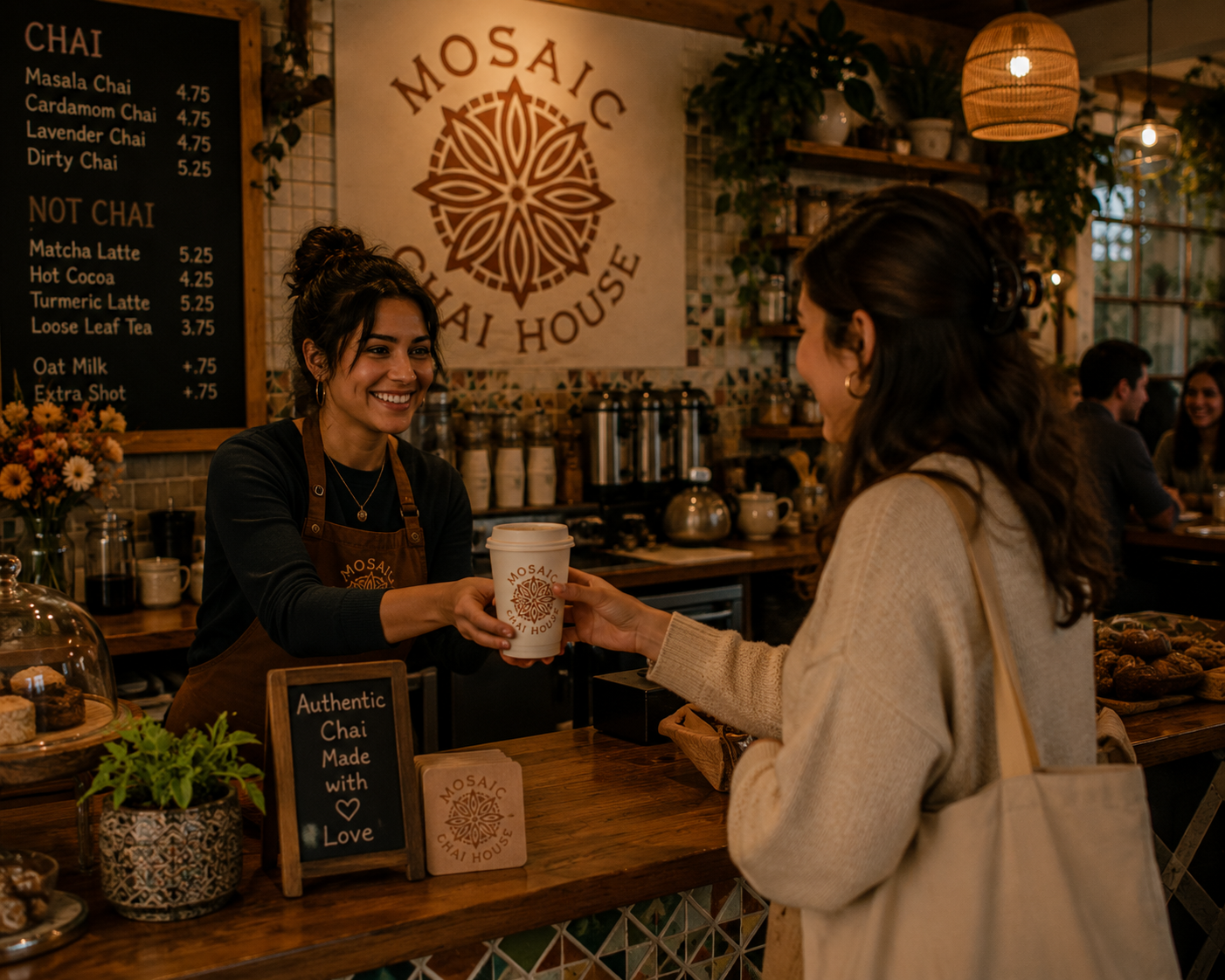 A smiling barista hands a coffee cup to a female customer at a coffee shop. The shop has warm lighting, a menu on the wall, and decorative plants.