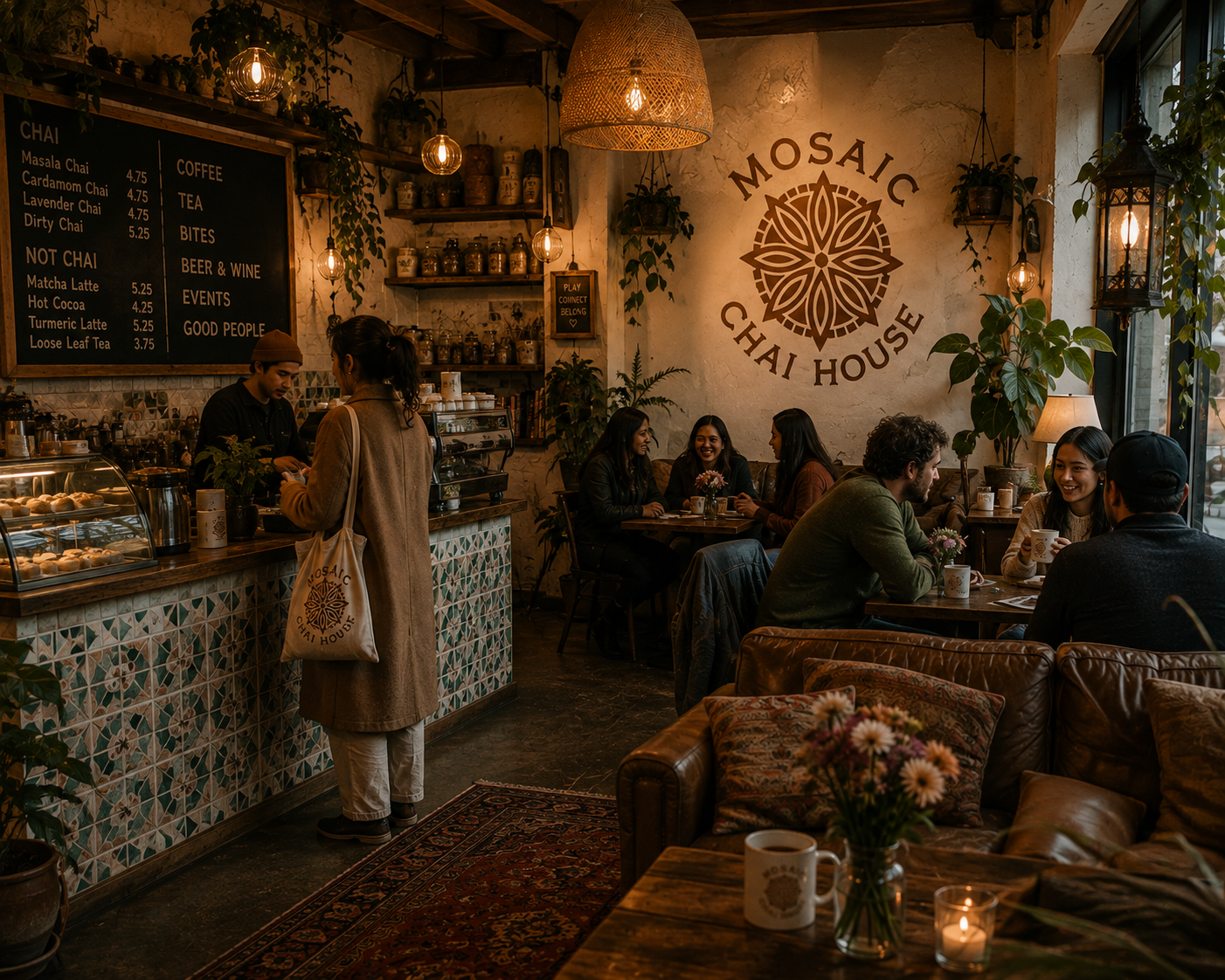 Inside a cozy coffee shop with customers sitting at wooden tables, some drinking and chatting. A woman is ordering at the counter, which features a decorative tiled front. The decor includes plants, warm lighting, and a large wall sign reading 'MOSAIC CHAI HOUSE.'