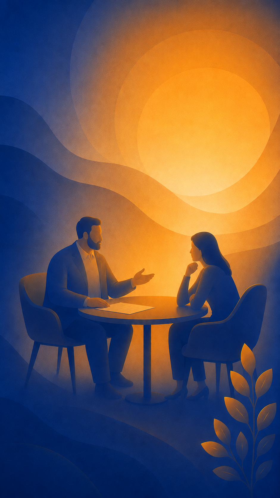 Illustration of a man and woman having a discussion at a table during sunset, with abstract warm orange and cool blue background and a branch with leaves in the foreground.  Mobile Crisis technical support, Crisis Team Development, mental health