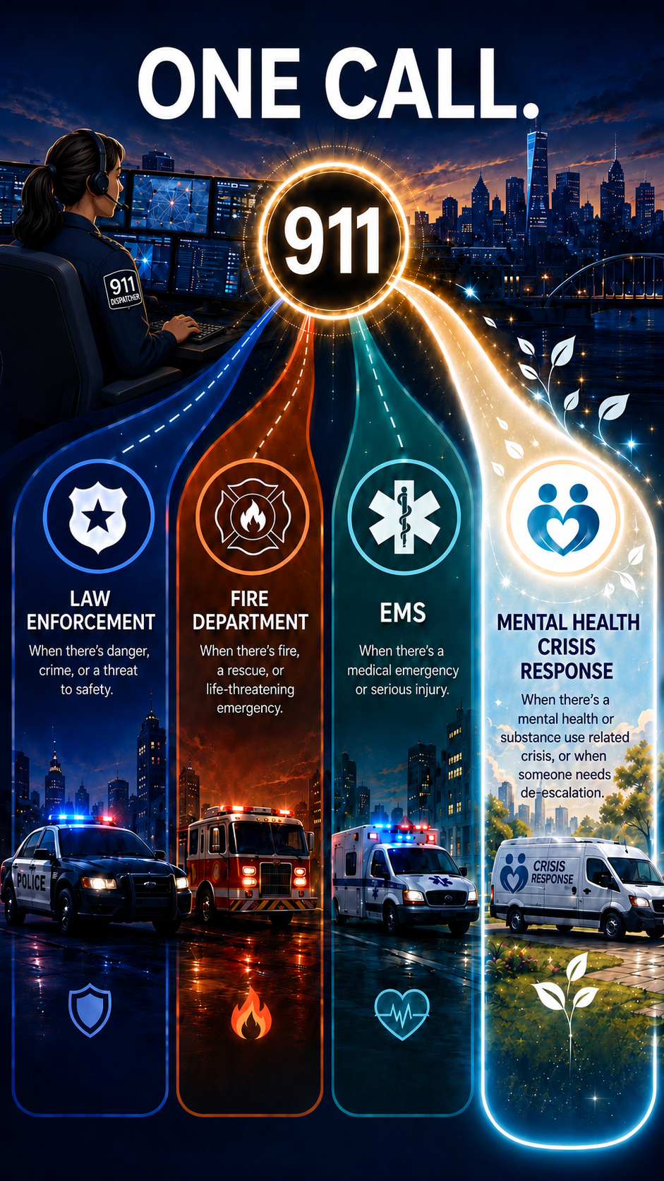 A digital illustration showing emergency response categories for 911 calls: law enforcement, fire department, EMS, and mental health crisis response, with cityscape background and emergency vehicles at the bottom. Jacob Rosen, Trainings, Mobile