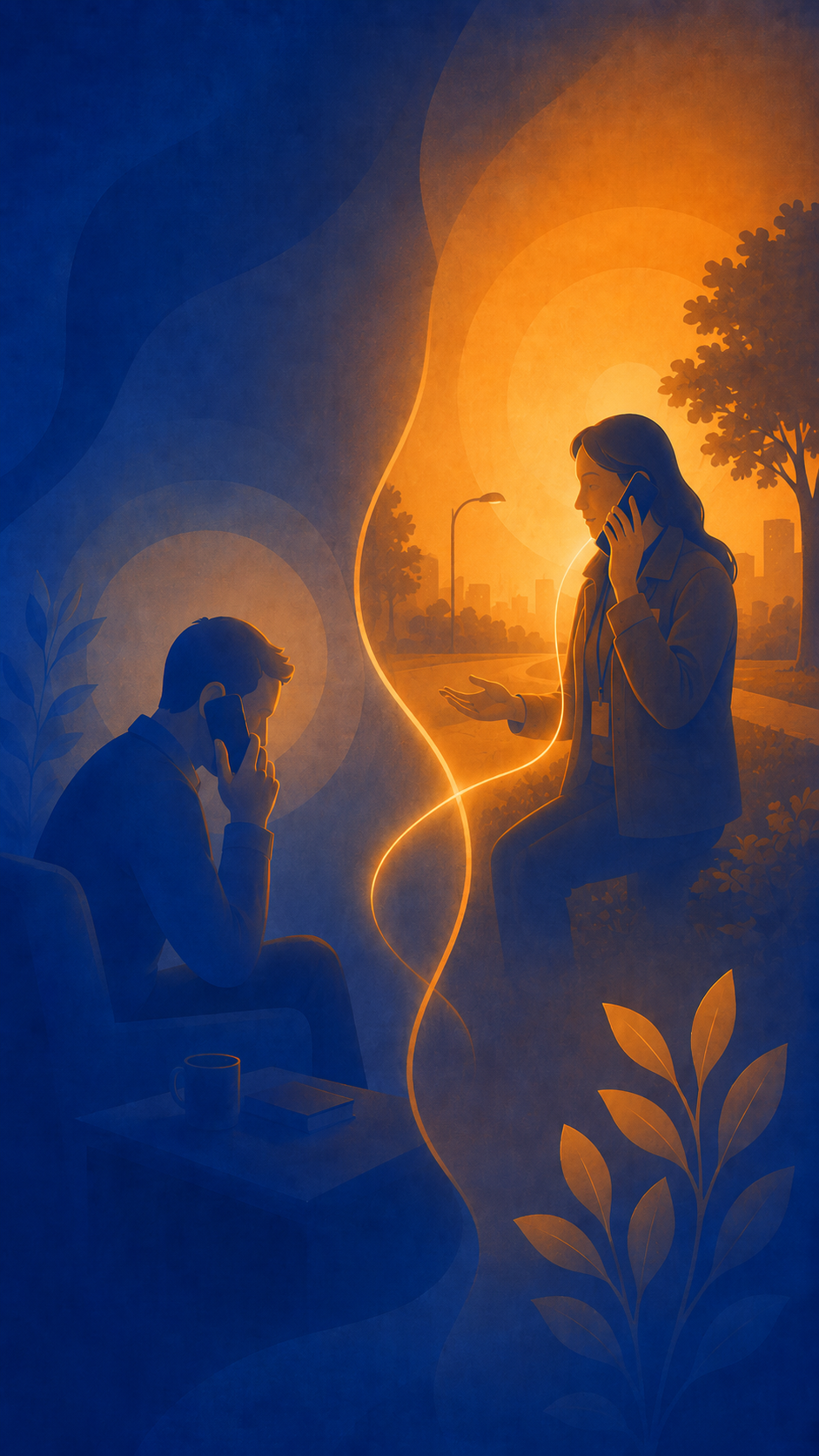 A split scene showing a man talking on the phone indoors with a blue hue and a woman talking on the phone outdoors during sunset with an orange hue; both are engaged in conversation. Licensed on-call consultation, Humboldt, Northern California