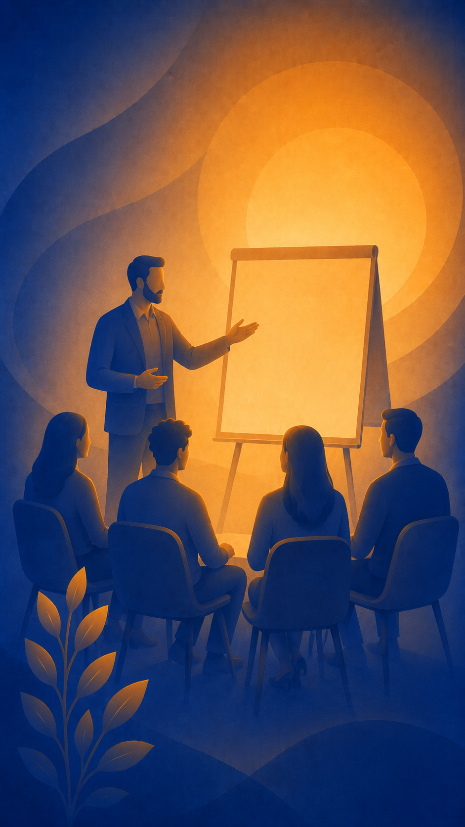A man giving a presentation to four seated women and men in a dimly lit room with warm orange and cool blue lighting, a blank flip chart on an easel, and a plant in the foreground.  Crisis trainings, Mobile crisis trainings, California Trainings