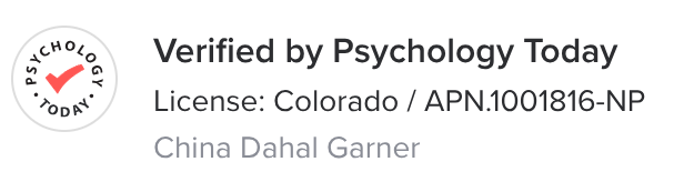 Verified by Psychology Today badge with a checkmark, license from Colorado, and the name China Dahal Garner.
