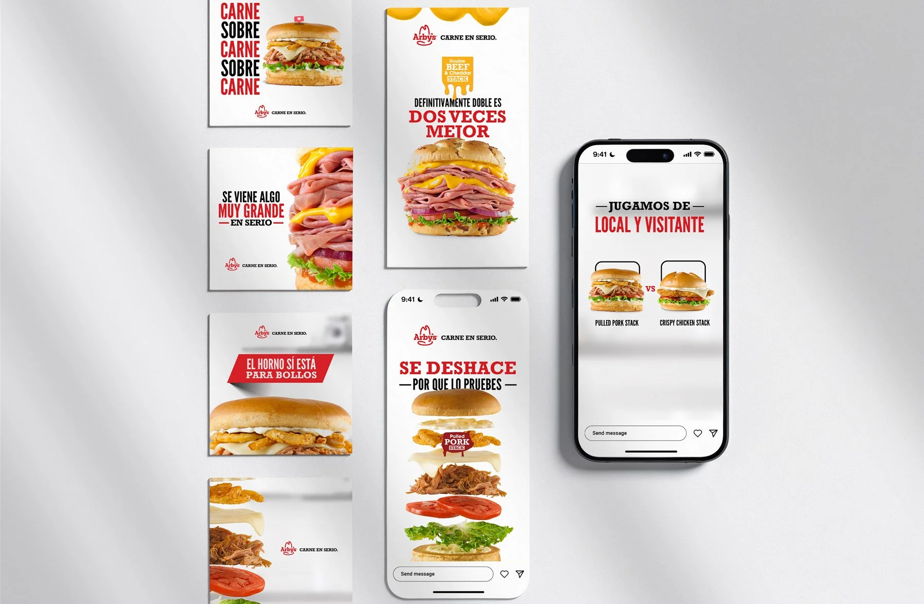 Vista cenital de varias piezas de comunicación de redes sociales de Arbys