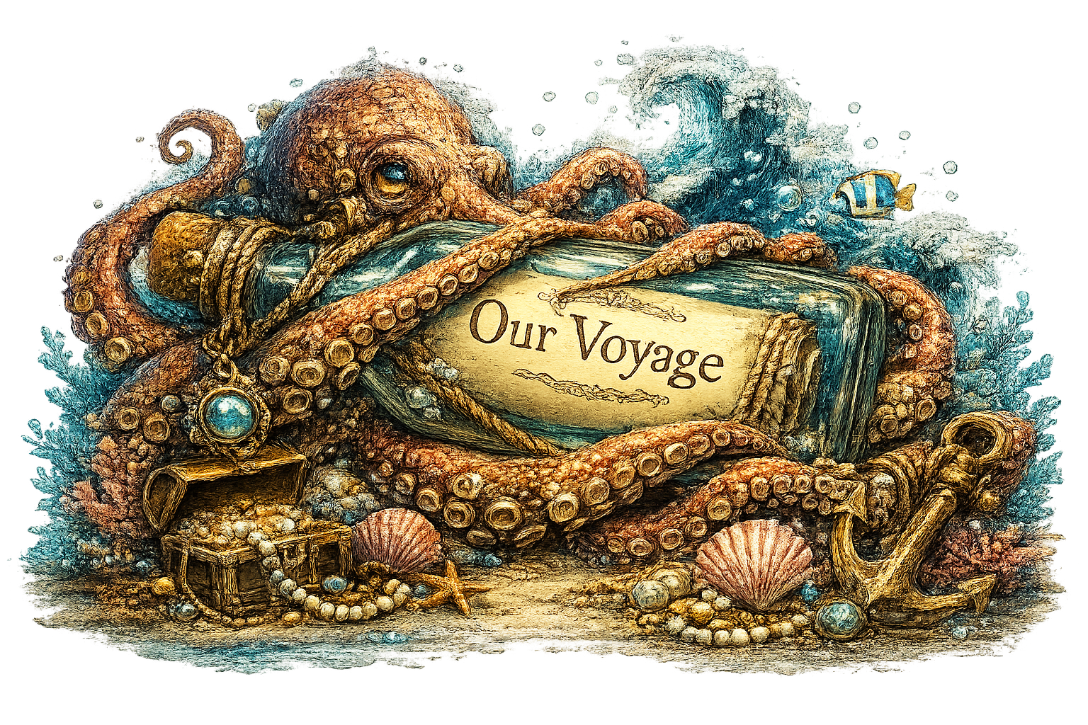An illustrated collage featuring an octopus wrapped around a nautical treasure chest and a book on its head titled 'Our Voyage'. The scene includes seashells, pearls, an anchor, a treasure map, and a small fish swimming in the background with crashing waves.