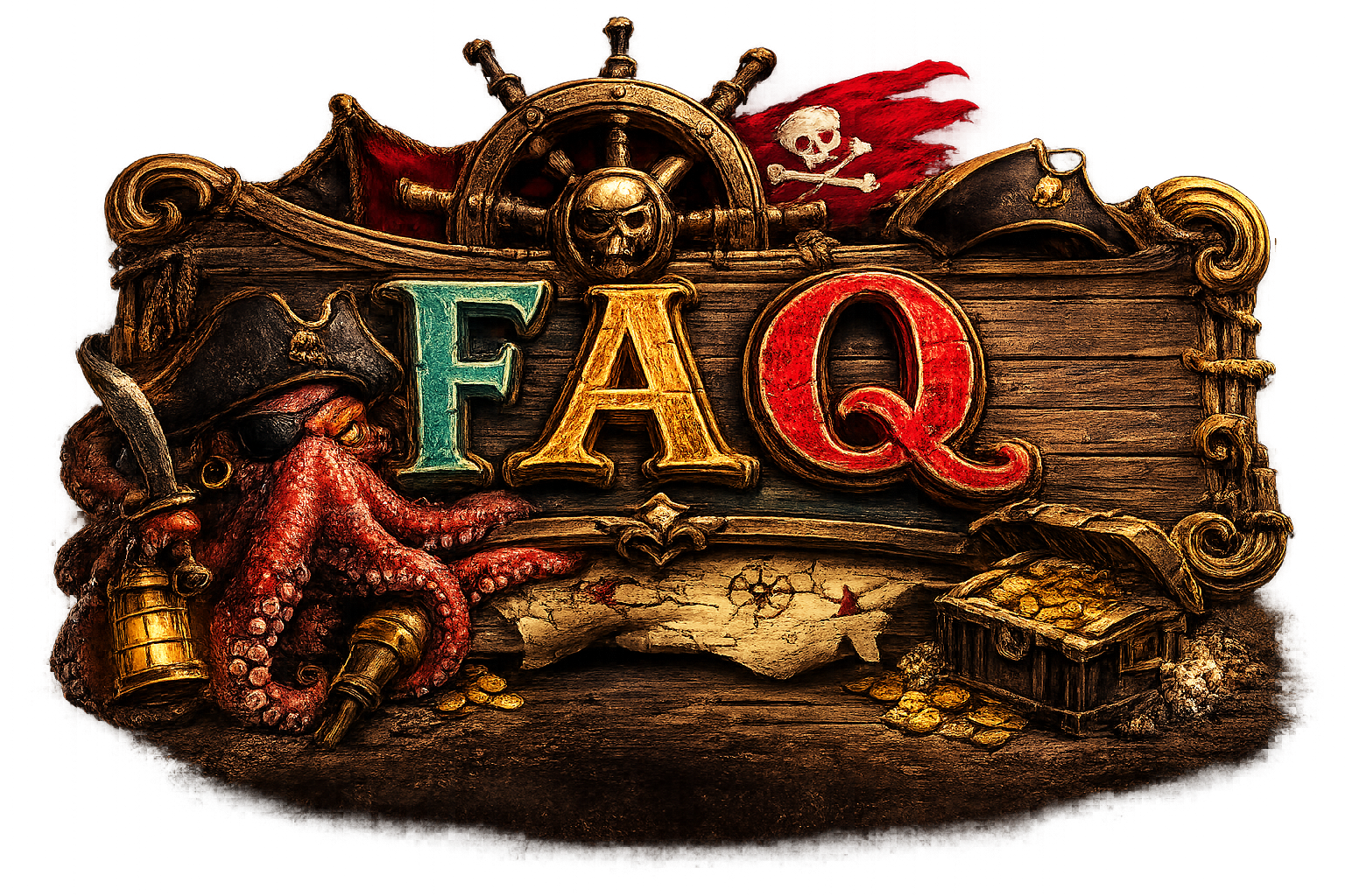 A pirate-themed sign with the letters F, A, Q in colorful, bold fonts. The sign features pirate elements such as a skull with a pirate hat, a ship's wheel, an octopus with a hook, a treasure chest, and scattered gold coins.