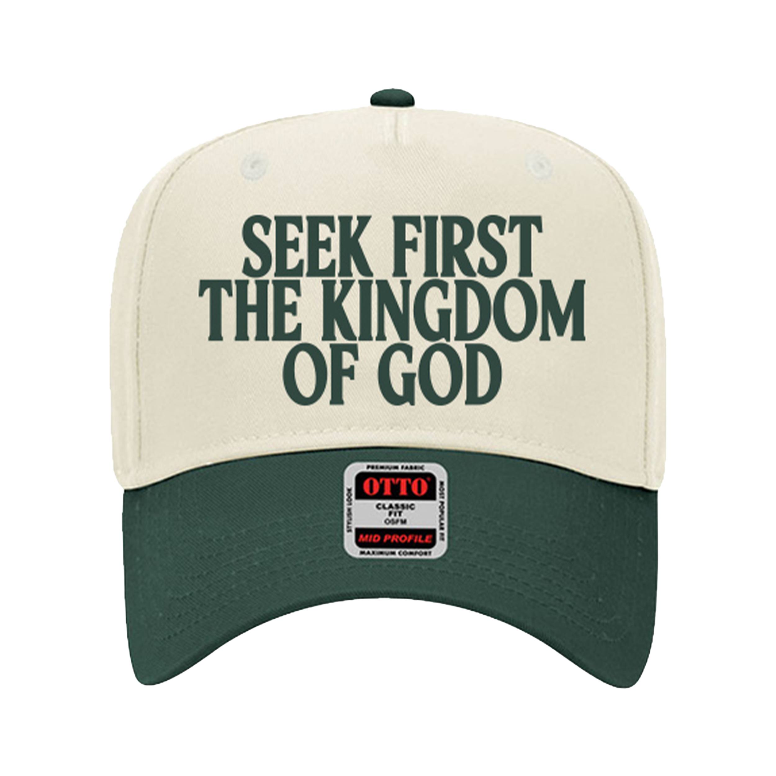 A close-up of a baseball cap with the phrase "Seek First the Kingdom of God" printed on the front, and a sticker with various labels at the brim.