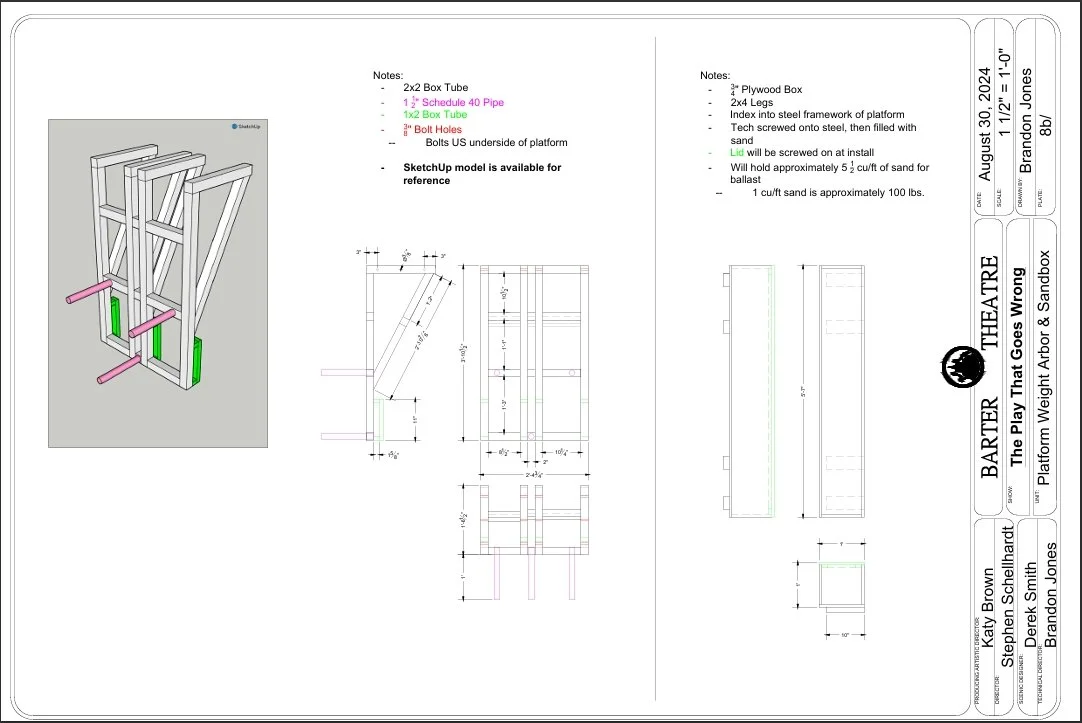 Engineered counterweight system for The Play That Goes Wrong.  Technical drawing of a platform weight arbor with detailed measurements and notes for assembly.