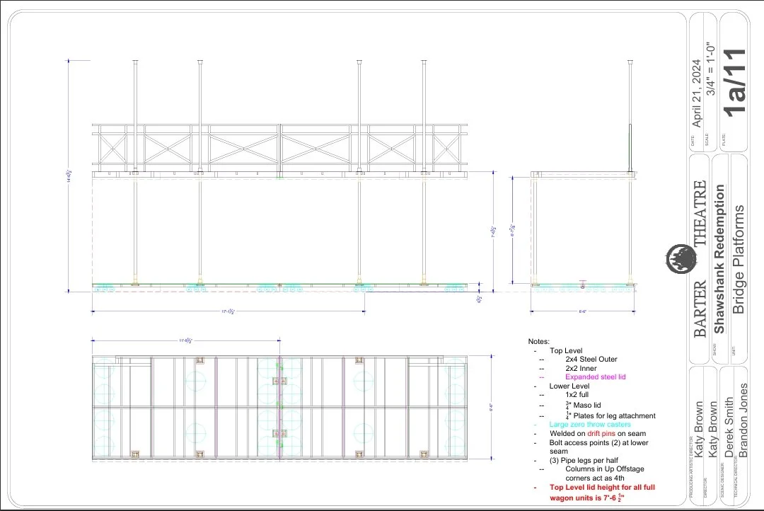 Technical drawing of bridge platforms for a theater project, including side and top views with measurements and construction notes.