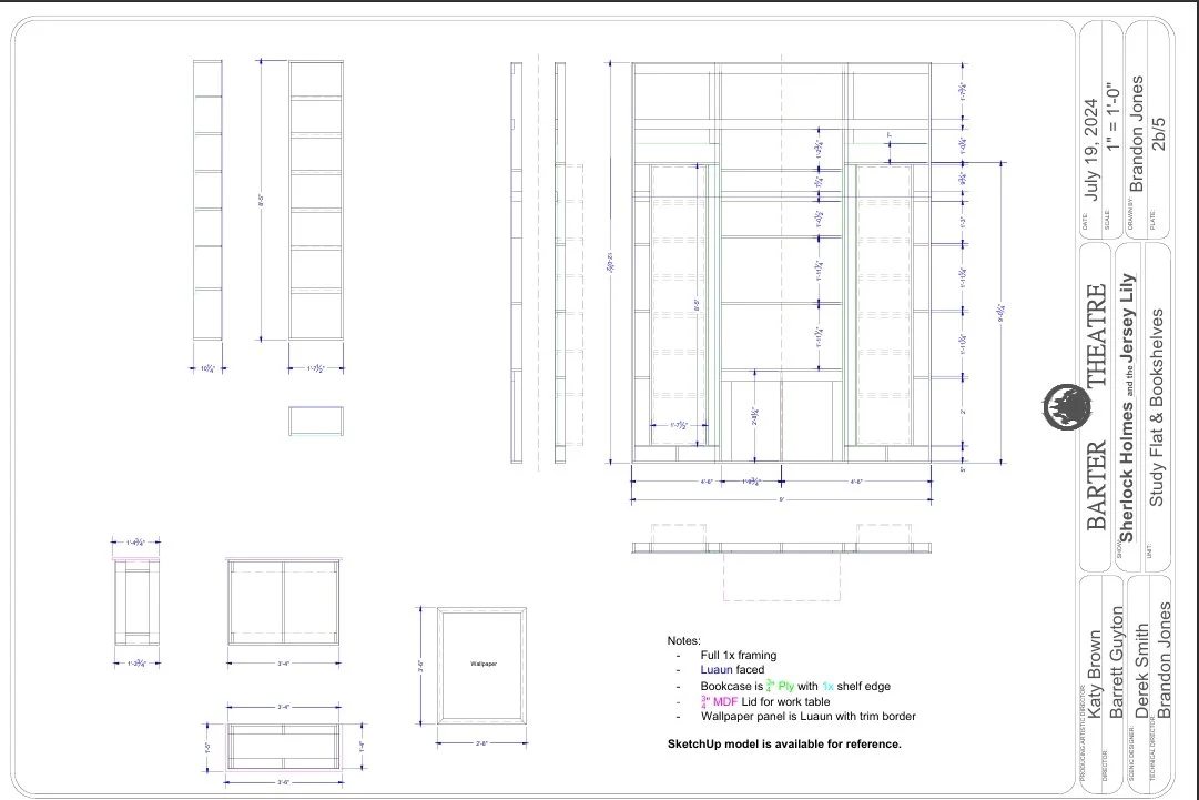 Architectural blueprint of a built-in bookshelf design with measurements, annotations, and notes for construction.