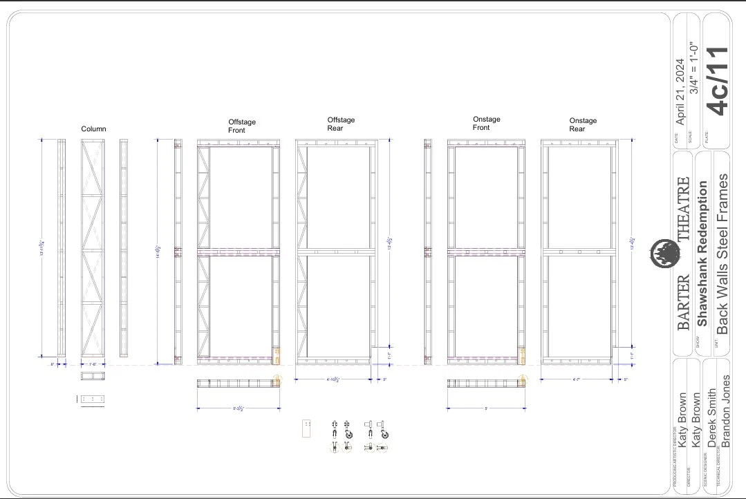 Blueprint drawing of steel wall frames with dimensions and construction details for a theater stage set.
