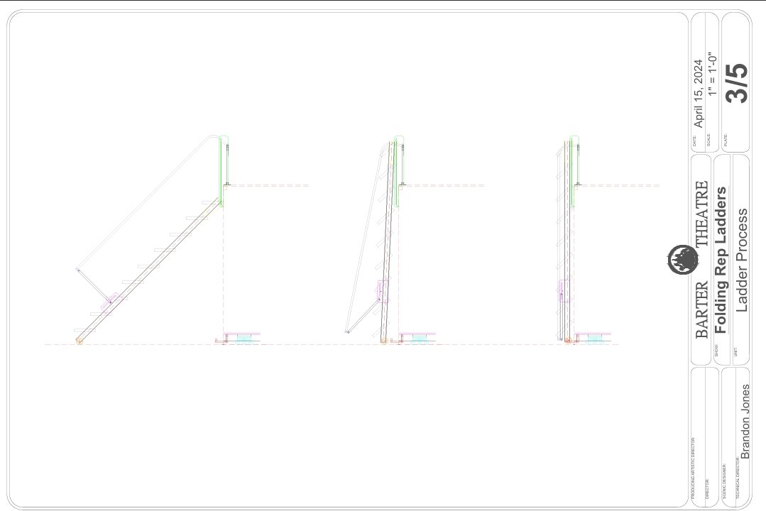 Technical drawing of a folding ladder in three different views with detailed measurements and annotations.