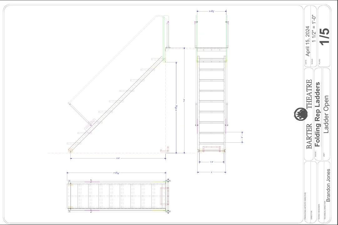 Technical blueprint of folding ladder with multiple views, dimensions, and annotations, labeled as 'Ladder Open' and 'Folding Rep Ladder'.