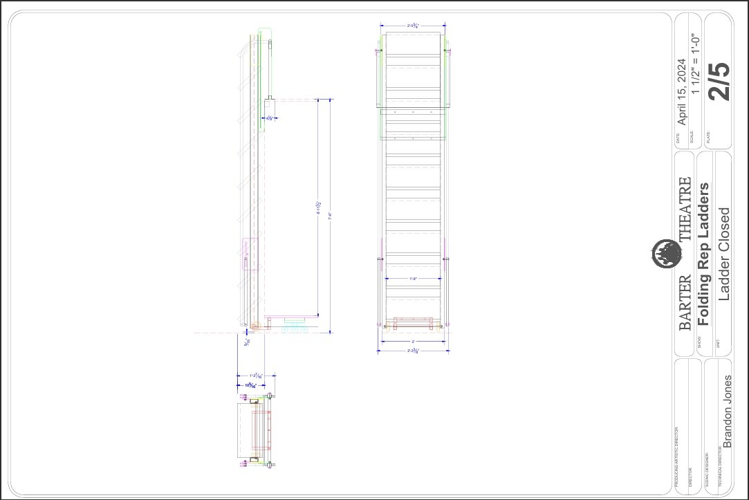 Architectural drawing of a folding, retractable ladder with detailed measurements and specifications.