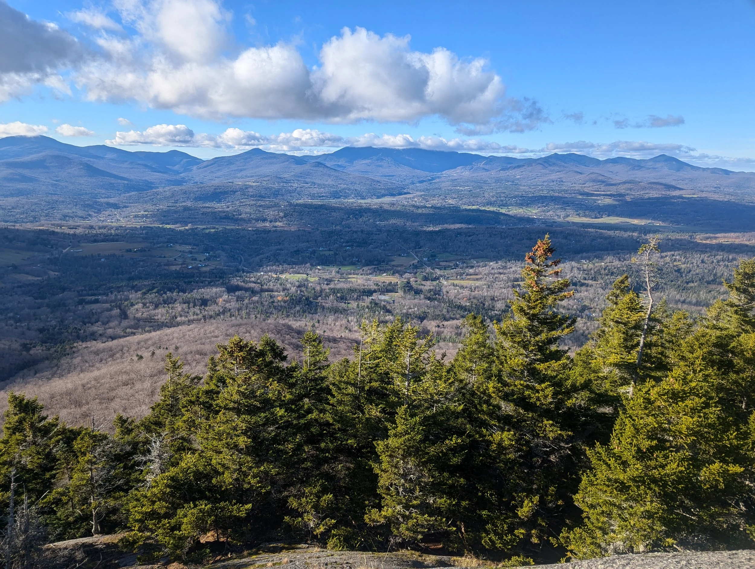 Scenic view of a mountain range under a blue sky with white clouds, with patches of green forests and open land in the foreground.