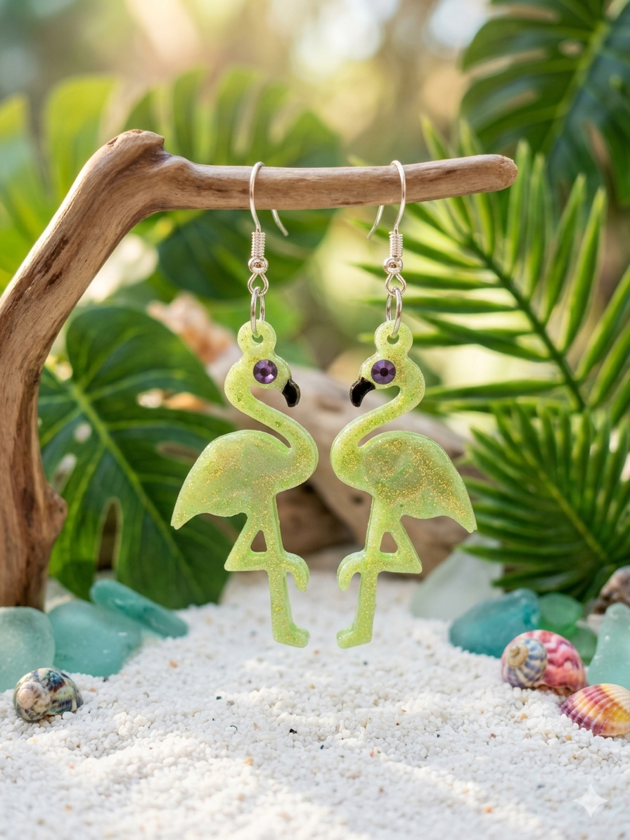 Lime Shimmer  Flamingo Earrings