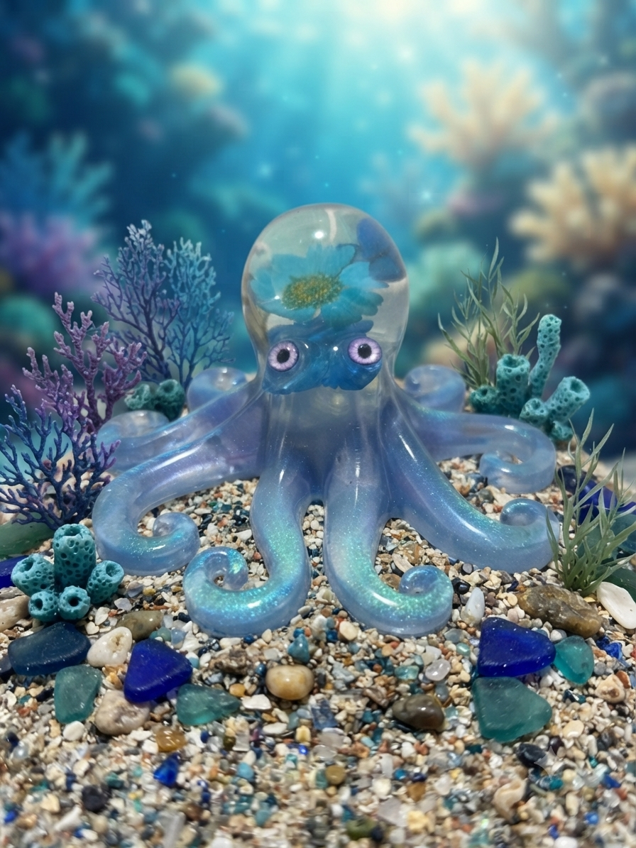 Octopus Figurine with Real Dried Flower – Ocean Decor