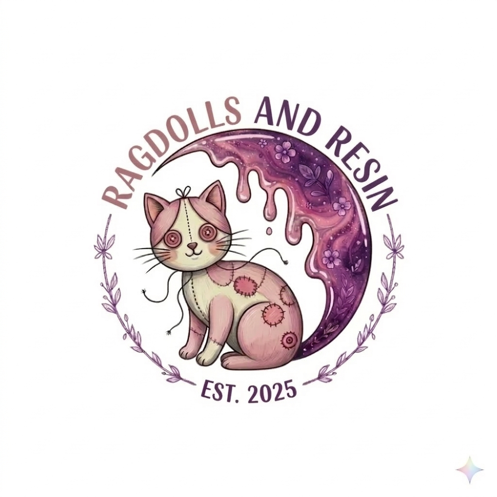 A whimsical logo with a pink and cream patchwork cat sitting in front of a purple and pink galaxy crescent moon. The logo is surrounded by purple laurel branches and features the text "Ragdolls and Resin" curved around the top and "Est. 2025" at the bottom.