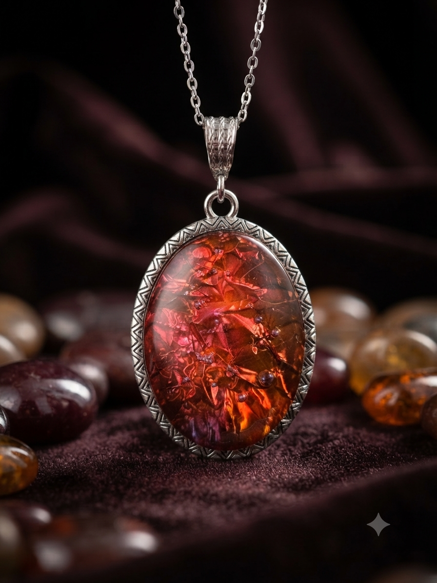 Fiery Crimson & Amber Filigree Pendant