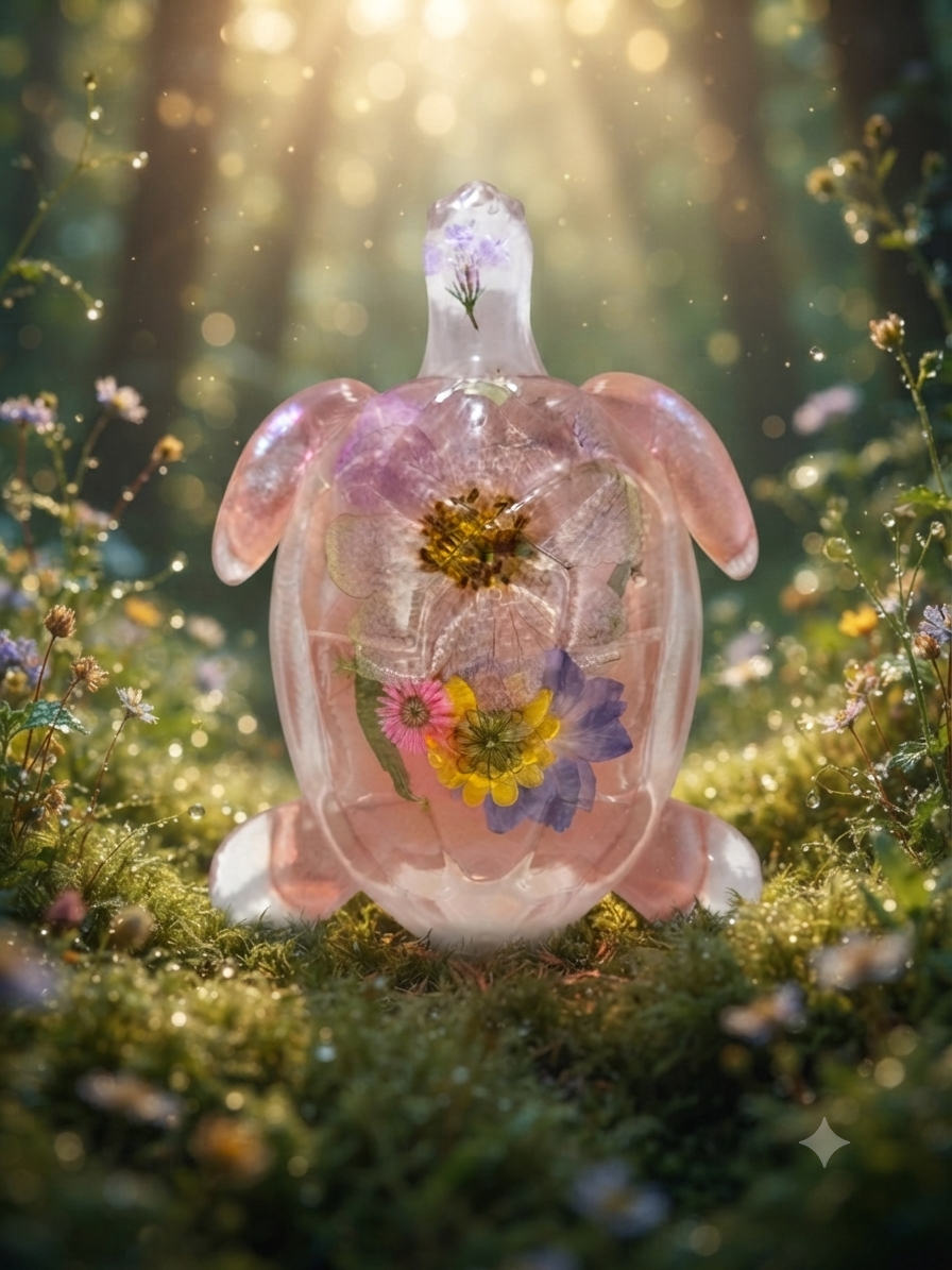 Sea Turtle Figurine with Dried Flowers